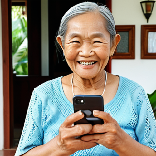 **

A modern Thai elderly woman smiling and confidently using a mobile banking app on her smartphone. The app interface features large, clear fonts and simple, easy-to-understand buttons. The background shows a bright, clean, and comfortable Thai home setting. This represents user-centered design for seniors in Thailand.

**
