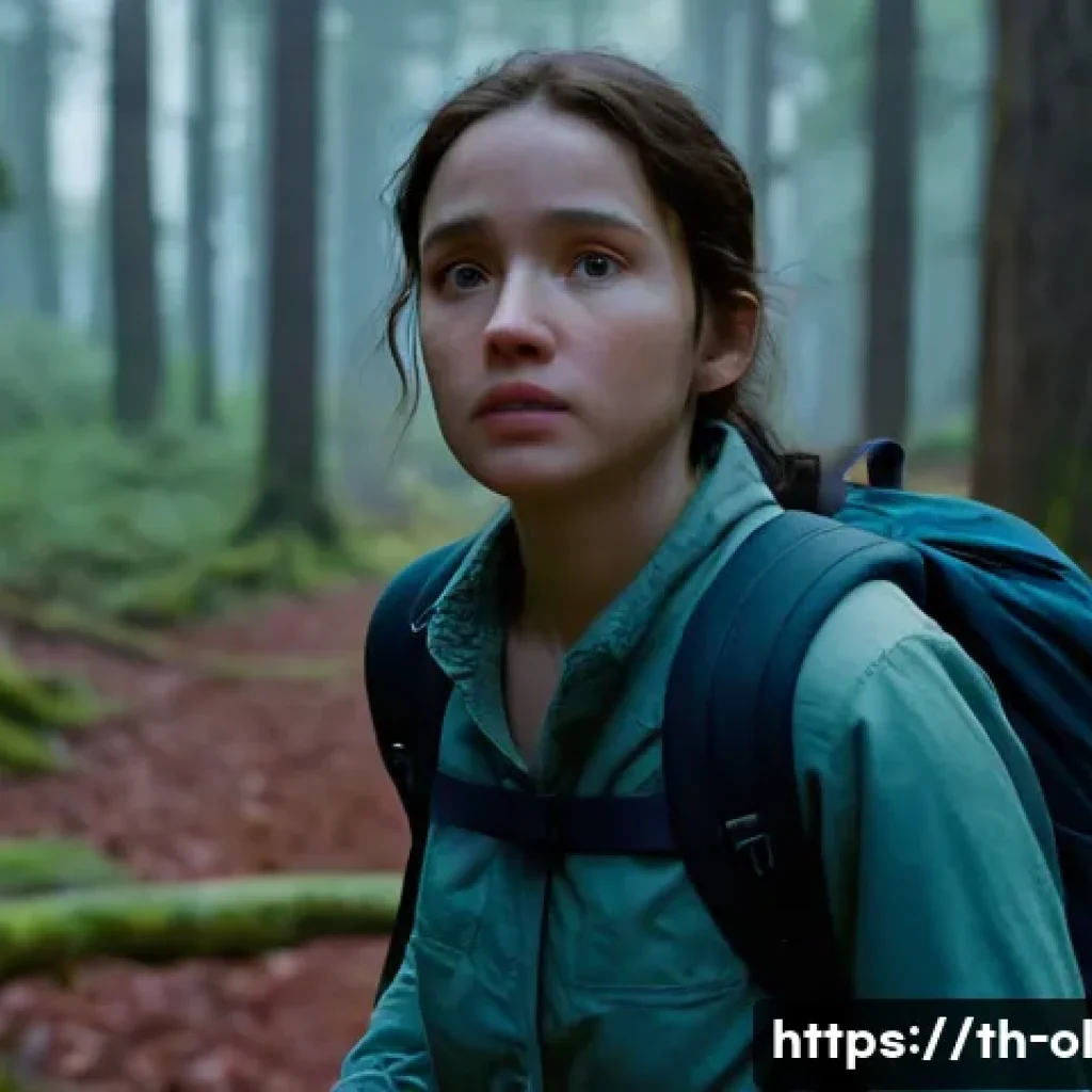 생태적 인터페이스의 사례 게임 디자인 - A lone female adventurer, appearing in her mid-20s, is navigating through a dense, slightly foggy an...