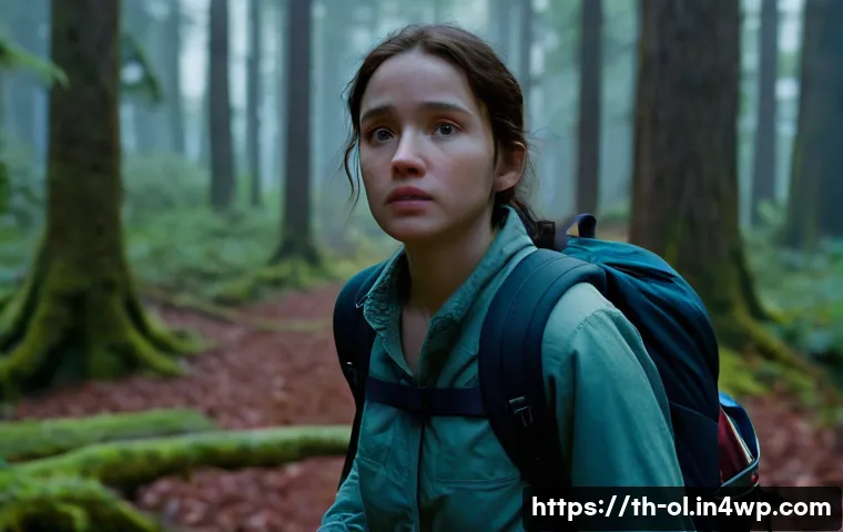 생태적 인터페이스의 사례  게임 디자인 - A lone female adventurer, appearing in her mid-20s, is navigating through a dense, slightly foggy an...