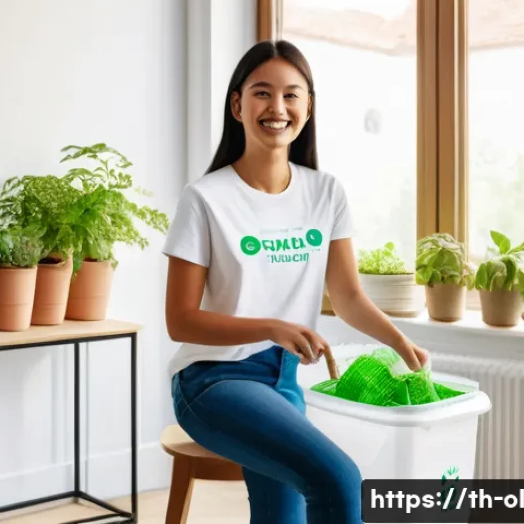 생태적 인터페이스의 사용자 참여 증진 방법 - **Gamified Recycling Enthusiast:** A cheerful young woman, approximately 20-25 years old, with a bri...