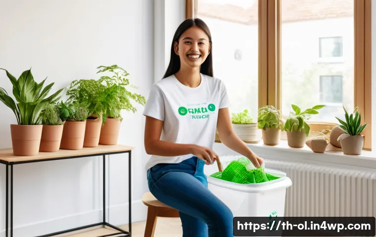 생태적 인터페이스의 사용자 참여 증진 방법 - **Gamified Recycling Enthusiast:** A cheerful young woman, approximately 20-25 years old, with a bri...