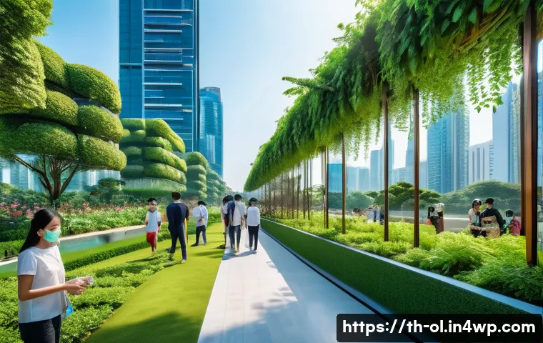 생태적 인터페이스와 스마트 시티 - A futuristic urban park in Bangkok integrating advanced technology with lush greenery, featuring sma...