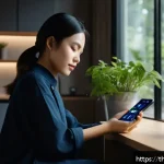 Home 19 생태적 인터페이스의 사례 모바일 앱 - A sleek modern smartphone screen displaying a mobile app in dark mode with deep blacks and subtle bl...