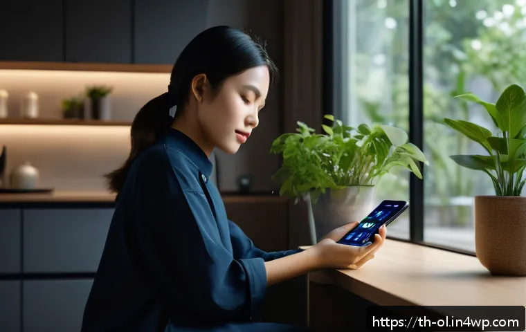 생태적 인터페이스의 사례 모바일 앱 - A sleek modern smartphone screen displaying a mobile app in dark mode with deep blacks and subtle bl...