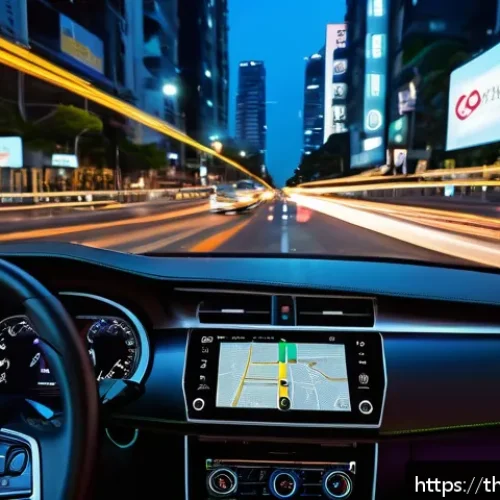 Home 30 생태적 인터페이스와 자율주행 기술 - A sleek, modern autonomous car dashboard in a bustling Bangkok cityscape at dusk, showing a clear di...