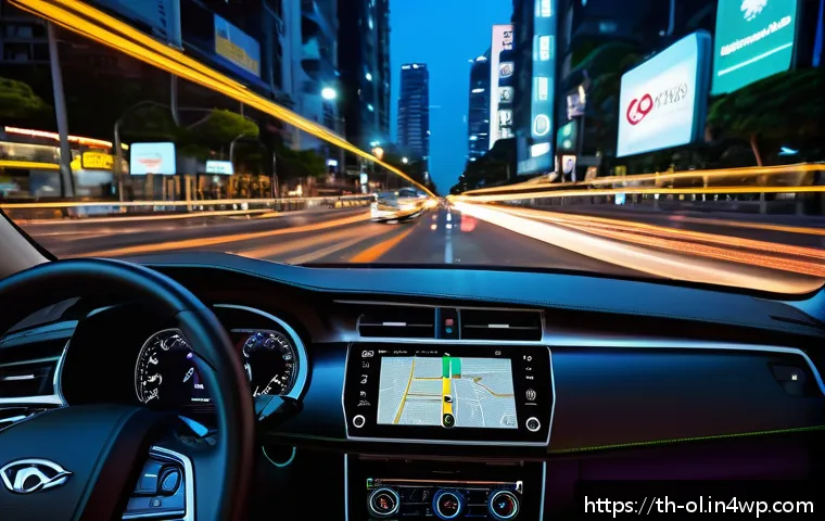 생태적 인터페이스와 자율주행 기술 - A sleek, modern autonomous car dashboard in a bustling Bangkok cityscape at dusk, showing a clear di...